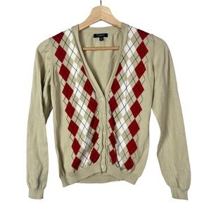 Burberry Light Brown Red & White Argyle Knit Cardigan Sweater XS